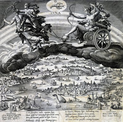 Zodiac teken Kreeft. Maan, voorstelling van de tank van Semelee. Gravure van de 19e eeuw. door Unknown artist