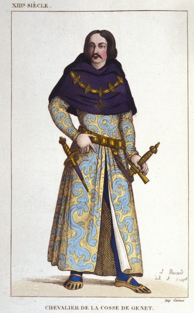 Kostuum van Chevalier de la Cosse de Genet na het jaar 1365. gravure uit 1830 door Unknown artist