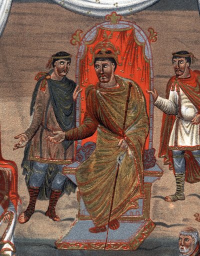 (detail): Karel II de Kale, koning van Frankrijk ontvangt een delegatie van monniken uit Tours. Facsimile in chromolithografie van de 19e eeuw naar een miniatuur uit de 10e eeuw bewaard in de B.N. van Parijs. door Unknown artist