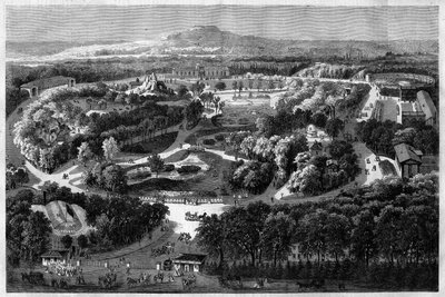 Algemeen overzicht van de tuin van acclimatisatie in het Bois de Boulogne aangeboden en ingehuldigd door Napoleon III in 1860, met natuur, weelderige flora en exotische dieren, in l