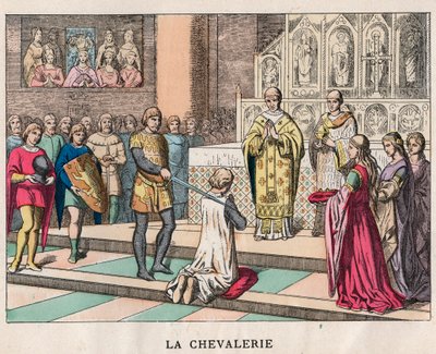 Ridderslag - La Chivalerie - Verzachting van een ridder - Gravure eind 19e eeuw in 