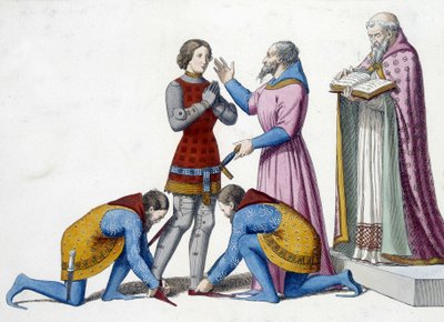 Ridderslag - Verzachting van een ridder in Italië in de 14e eeuw - gravure door Unknown artist