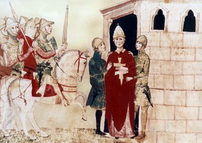 Paus Bonifatius VIII (1294-1303) hier gevangene in Anagni in 1303, illustratie uit 14e-eeuws manuscript door Unknown artist