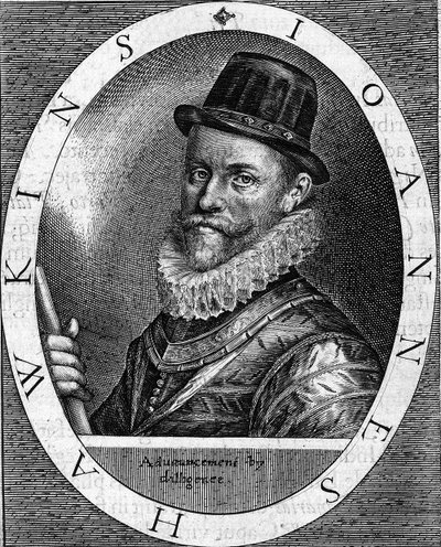 Portret van Sir John Hawkins (Hawkyns) Engelse admiraal (1532-1595), bekend als de eerste die in zwarte handel dreef, hij maakte verschillende reizen, gefinancierd door Londense kooplieden, tussen Afrika en Amerika. Gravure uit 1620 door Unknown artist