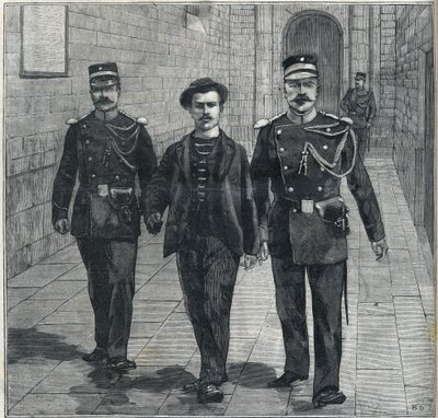De Italiaanse anarchist Luigi Luccheni (Lucheni), moordenaar van keizerin Elizabeth van Oostenrijk (Sissi), voor het gerecht gebracht in 1898. door Unknown artist