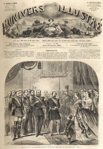 Het bezoek van Willem, de koning van Pruisen, aan Napoleon III, de keizer van de Fransen, in Compiègne, Frankrijk 1861 - Bezoek van Willem I van Pruisen (1797-1888) aan Compiègne in aanwezigheid van Napoleon III - Gravure uit 