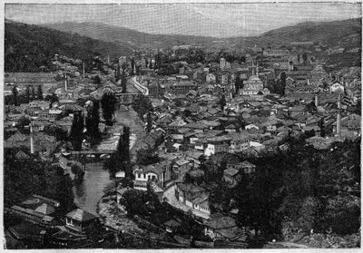 zicht op de stad Sarajevo in 1894 - gravure door Unknown artist