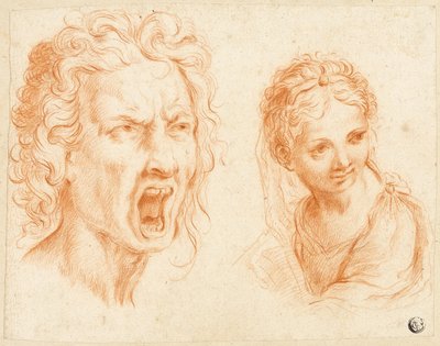 Grijnzend mannelijk hoofd, buste van meisje door Unknown Italian