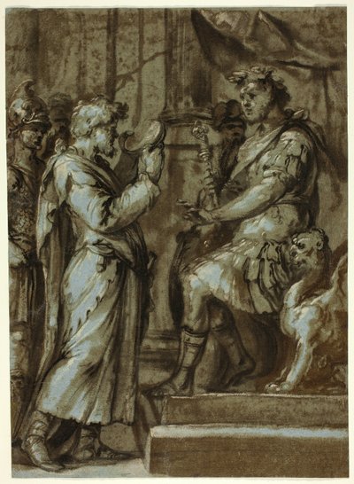 Magiër die een keizer een voorspelling doet (recto); mannelijk naakt dat een last draagt (verso) door Unknown Italian