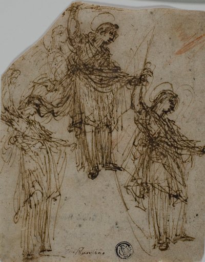 Schetsen van een staande heilige die een zwaard vasthoudt (recto); Schetsen van figuren en hoofden (verso) door Unknown Lombard