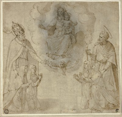 Maagd en kind voor de heiligen Fabianus (of Gregorius de Grote) en Jozef door Unknown Sienese