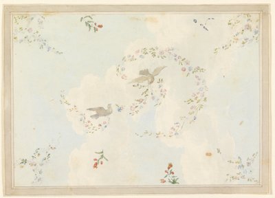 Tekening, plafondontwerp met duiven en bloemenkransen, mogelijk voor de entreehal, 1815-22 door Unknown artistUnknown artist