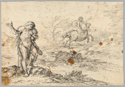 Tekening, Centaur redt meisje van knuppelzwaaiend schepsel, 16e-19e eeuw door Unknown artistUnknown artist