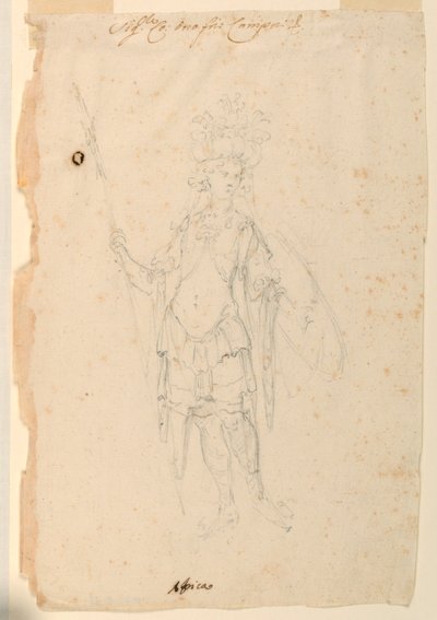 Tekening, Kostuumontwerp: Afrika voor een ballet, ca. 1720 door Unknown artistUnknown artist