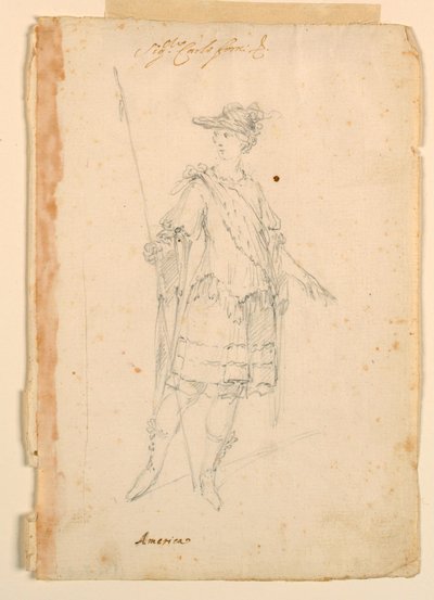 Tekening, Kostuumontwerp: Amerika voor een ballet, ca. 1720 door Unknown artistUnknown artist
