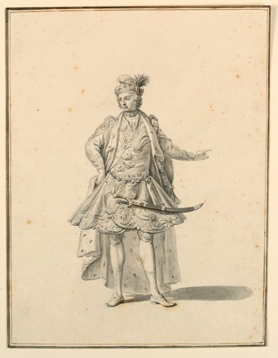 Tekening, Kostuumontwerp: Perzische prins, voor een toneelproductie ontworpen door Giuseppe Galli Bibiena, 1719 door Unknown artistUnknown artist