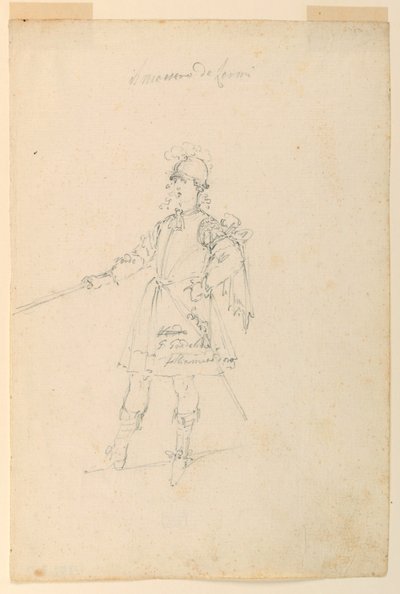 Tekening, Kostuumontwerp: De Wapenmeester voor een Ballet, ca. 1720 door Unknown artistUnknown artist