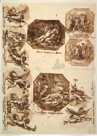 Tekening, Cupido en Psyche: Vier Octagons en acht tekeningen van Cupido, 1810-15 door Unknown artistUnknown artist
