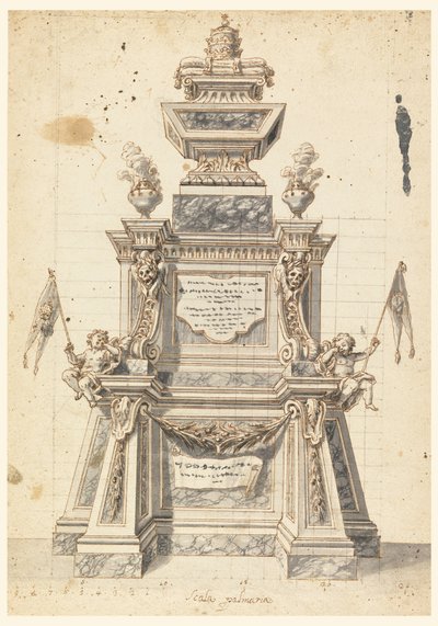 Tekening, Ontwerp voor een katafalk voor de herdenkingsdienst van een paus, waarschijnlijk Clemens XI, 1721 door Unknown artistUnknown artist