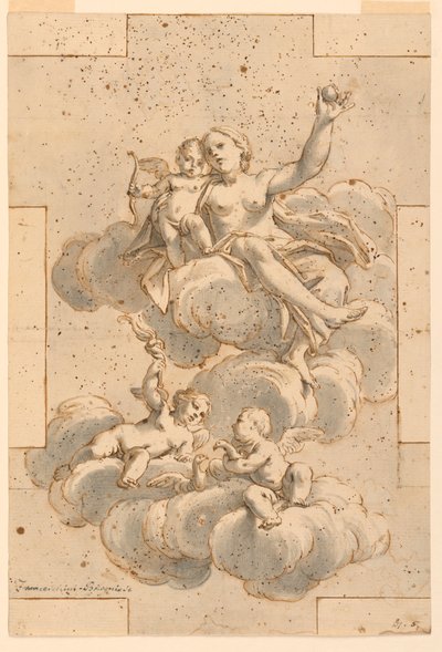 Tekening, ontwerp voor een plafondschildering, Venus, Cupido en Putti, 1700-29 door Unknown artistUnknown artist