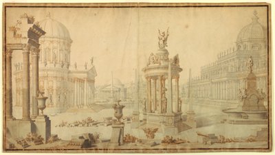 Tekening, Toneelontwerp: Architecturale fantasie, begin 18e eeuw door Unknown artistUnknown artist