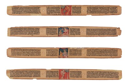 Vier bladen uit een Gandavyuha manuscript door Unknown artistUnknown artist