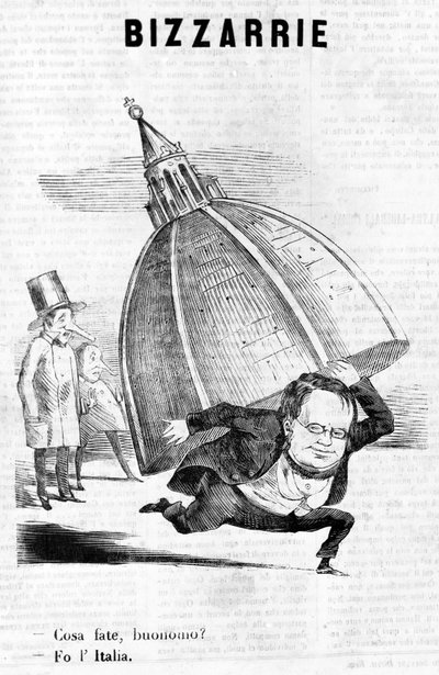 - Wat doet u, meneer? - Ik maak Italië (Cavour met de koepel van Florence) satirische gravure van Il Fischietto door Unknown artist