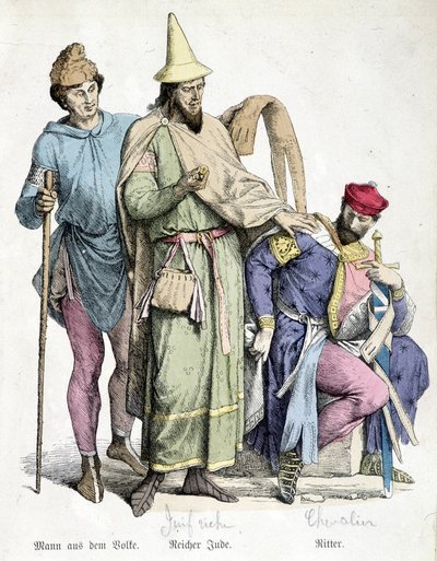 11e-eeuwse kostuums: De man met de stok, de rijke Jood en de ridder. Gravure uit de 19e eeuw door Unknown artist