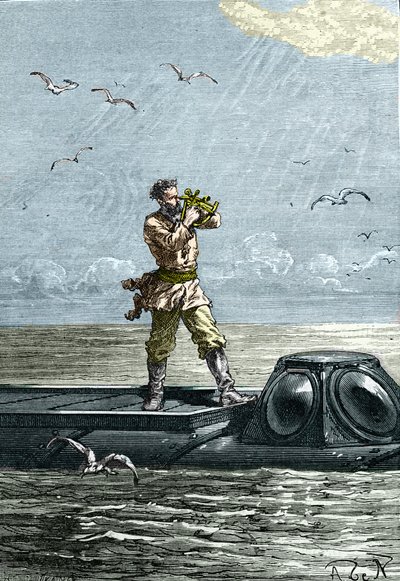 20.000 mijlen onder zee. Kapitein Nemo op de onderzeeër "Nautilus". Illustratie uit de roman van Jules Verne "Twintigduizend mijlen onder de zee" door Unknown artist