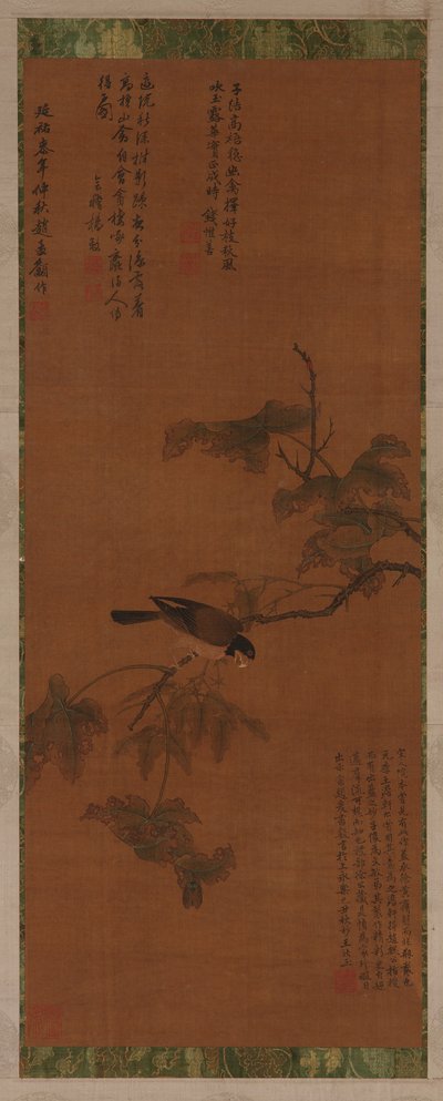 Een vogel op een bladerige tak door Unknown artist