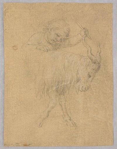 Een jongen die een geit bestuurt door Unknown artist