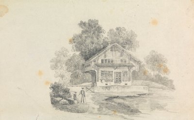 Een chalet met twee figuren aan de voorkant door Unknown artist