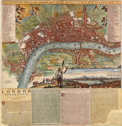 Een Nederlandse kaart die gebieden toont die door de Grote Brand van Londen zijn verwoest door Unknown artist