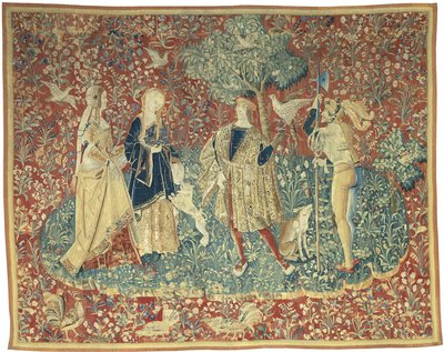 Een valkenier met twee dames en een voetsoldaat door Unknown artist