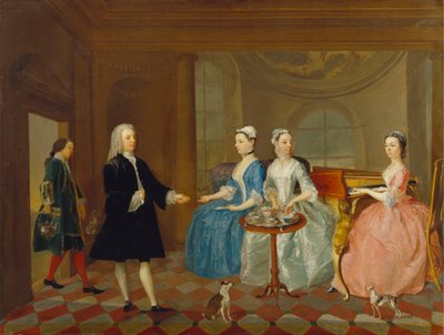 Een familie die thee geserveerd krijgt, mogelijk de familie Carter door Unknown artist