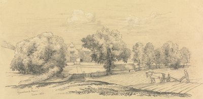 Een Boerderij met Boer en Zijn Paard en Ploeg op de Voorgrond door Unknown artist