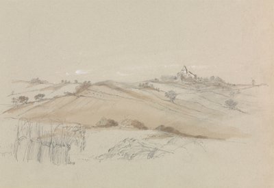 Een veld met huis in de verte door Unknown artist