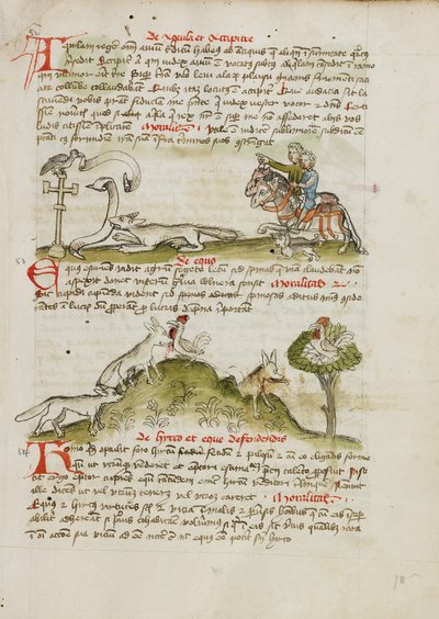 Een vos bedreigt een vogel die op een wegkruis zit en twee ruiters wijzen naar het tafereel; Een vos die rent en een kip vangt; Een kip in een boom boven een vos door Unknown artist