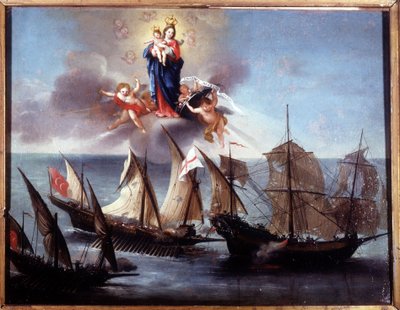 Een Genua-boot aangevallen door een galei en een barbaarse half-galij. Ex-voto 1796. Museo navale di Genova-Pegli door Unknown artist