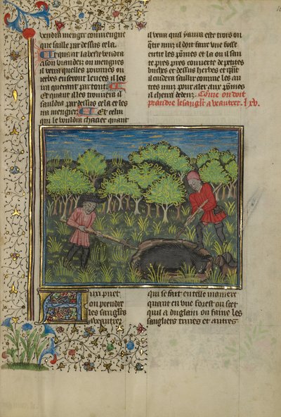 Een jager verwondt een wild zwijn in een kuil door Unknown artist