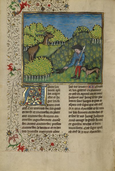 Een jager en een hond onderzoeken het spoor van een hert door Unknown artist