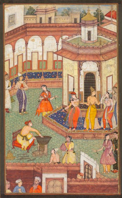 Een man dompelt zijn hand in een ketel terwijl dames van het harem in verbazing staan: Een pagina uit een manuscript van religieuze geschiedenis door Unknown artist