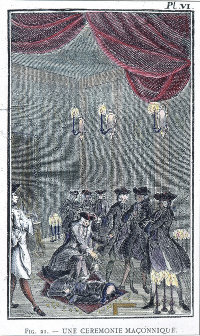 Een vrijmetselaarsceremonie - gebaseerd op een gravure uit de collectie van "Orde van de Verraden Vrijmetselaars" door Vader Perau door Unknown artist