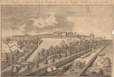 Een perspectiefaanzicht van Prior Park, het landgoed van Ralph Allen Esq. nabij Bath door Unknown artist