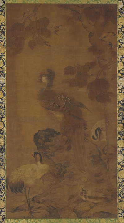 Een feniks en twee kraanvogels onder een boom door Unknown artist