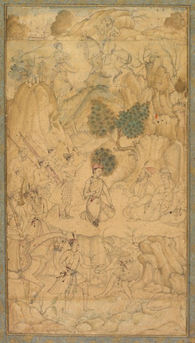 Een prins die een heilige man bezoekt in een rotsachtig landschap door Unknown artist