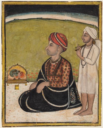 Een heerser zittend op een terras aanbidt bij een heiligdom van Radha en Krishna door Unknown artist