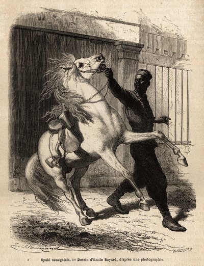 Een Senegalese spahi (ruiter) in Saint-Louis (Saint Louis). Gravure ter illustratie van een cruise langs de kust van Afrika, door Vice-Admiral Fleuriot de Langle, in 1868, gepubliceerd in 