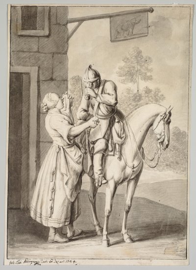 Een soldaat in harnas voor een taverne door Unknown artist