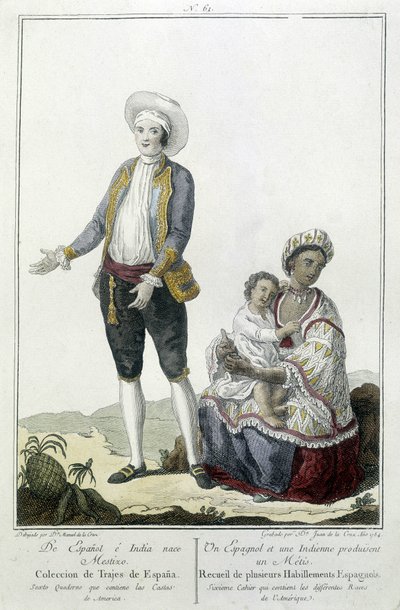 Een Spanjaard en een Indiaan baren een Métis - gravure door Unknown artist